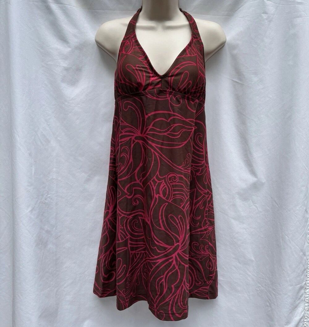 Athleta Women’s Halter Top Sundress Brown with Red Floral Print Padded Sz M